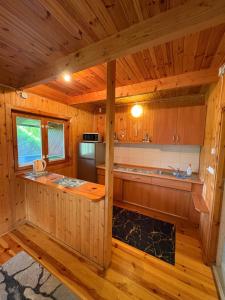 a kitchen in a cabin with wooden walls and wooden floors at Domki Lazur in Jastrzębia Góra +47 photos