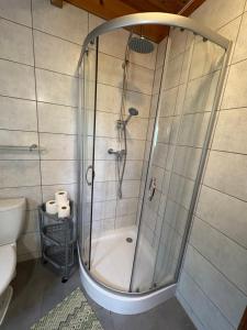 a shower stall in a bathroom with a toilet at Domki Lazur in Jastrzębia Góra