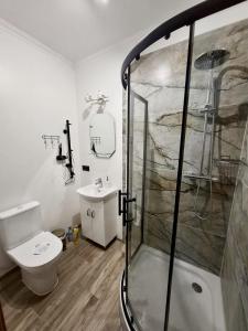 a bathroom with a shower and a toilet and a sink at Oāze Aucē in Auce