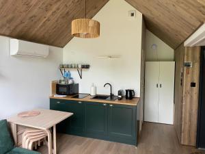 a kitchen with green cabinets and a table at RiverHouse in Bałtów