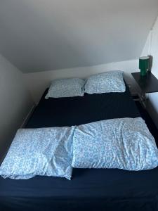 a bedroom with two beds with blue comforters at Small house in rural surroundings in Gelstrup