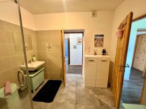 a bathroom with a sink and a shower at The Sanctuary with private Jacuzzi in České Budějovice +21 photos