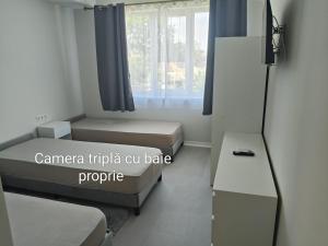 a small bedroom with two beds and a window at Senera Minerals in Valea lui Mihai