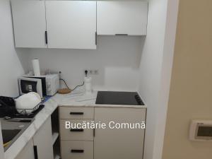 a kitchen with white cabinets and a laptop on a counter at Senera Minerals in Valea lui Mihai
