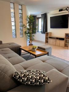 a living room with a couch and a flat screen tv at Villa GoldenPearl in Povile
