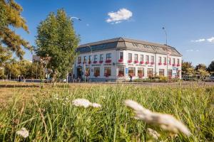 a large white building with a field in front of it at Hotel Slavia in Boskovice