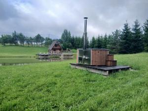 a field with a wood stove in the grass at GLaMPLIFE,tünni ja suitsusaunaga in Kasaritsa