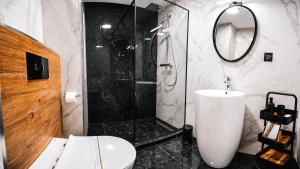 a bathroom with a shower and a toilet and a sink at Briana Luxury Panoramic View in Cluj-Napoca