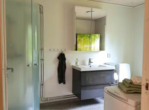 a bathroom with a sink and a shower at Solkullen i Kalvshult in Hallaryd +48 photos