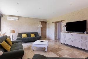 a living room with a couch and a tv at Villa Flora 14 pers 5 chambres in Courcelles-de-Touraine