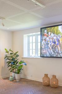 a room with a tv with a picture of motorcycles at Sjælegård Countryside Lodge in Allinge