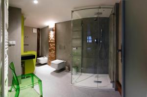 a bathroom with a glass shower and a toilet at Apartments At The Blue Duckling in Prague +112 photos