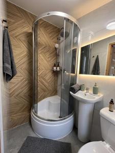 a bathroom with a shower and a toilet and a sink at Rezydencja pod Gwiazdami in Legarda