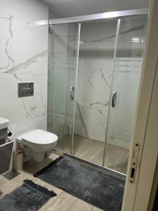 a bathroom with a shower and a toilet at Villa Tego in Çeşme