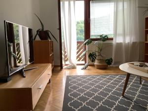 a living room with a television on a dresser with a table at Elly Apartment - 20 min to Ljubljana in Kresnice