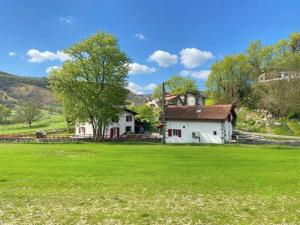 a white house in a green field with a tree at Xola in Saint-Just-Ibarre