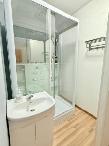 a bathroom with a white sink and a shower at Mini Hotel "Arystan" в самом центре столицы in Astana