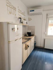 a kitchen with a white refrigerator and a sink at Smestaj Dzentlmen in Soko Banja