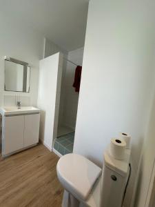 a white bathroom with a toilet and a shower at Halles in Les Sables-d'Olonne