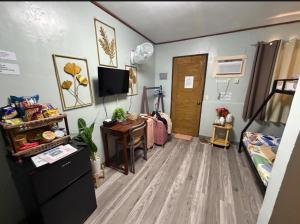 a room with a bed and a desk in a room at Frogman inn in Puerto Princesa City
