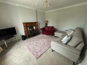 a living room with a couch and a fireplace at Castleroddy House - spacious country house - king beds - extensive parking in Lislap