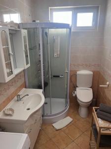 a bathroom with a shower and a toilet and a sink at Ide Vissza apartman 3 in Siófok