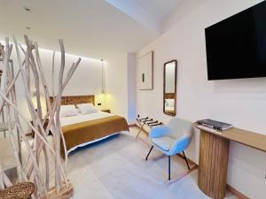 ein Schlafzimmer mit Bett, Fernseher und Stuhl in der Unterkunft Alpha Estudios, Apartamentos turísticos in Astorga