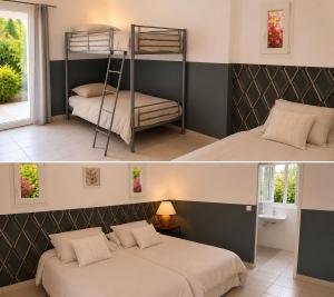 a bedroom with two bunk beds and a bathroom at Linaya Hôtel & Restaurant in Bormes-les-Mimosas