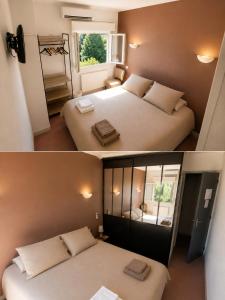 two pictures of a bedroom with two beds and a mirror at Linaya Hôtel & Restaurant in Bormes-les-Mimosas