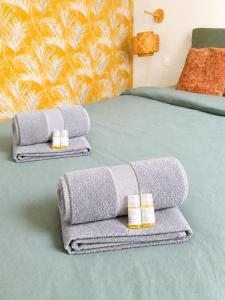 two beds with towels on them in a room at Le Byzantin - T2 Hyper centre in Pontivy