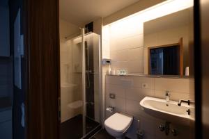 a bathroom with a sink and a toilet and a mirror at ART Hotel Grenzach-Wyhlen bei Basel in Grenzach-Wyhlen