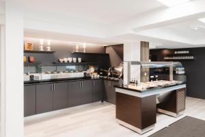 a large kitchen with black cabinets and a counter at ART Hotel Grenzach-Wyhlen bei Basel in Grenzach-Wyhlen