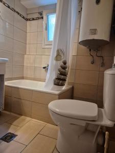 a bathroom with a toilet and a tub and a sink at Blue studio in Kavála