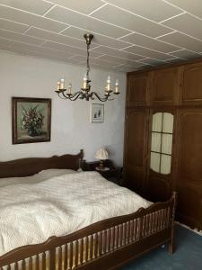 a bedroom with a bed and a chandelier at Haus Eichholz in Tellingstedt