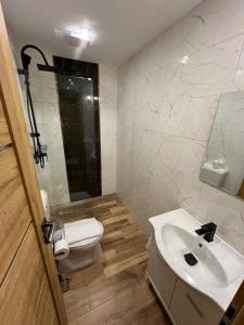 a bathroom with a toilet and a sink at Tejmalom Szálló in Sárrétudvari +22 photos