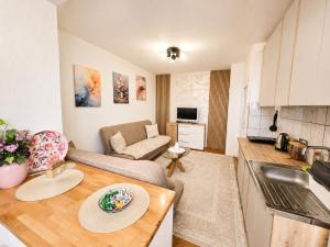 a kitchen and living room with a couch and a table at Abrazo in Orašje +10 photos