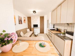a kitchen and a living room with a couch at Abrazo in Orašje