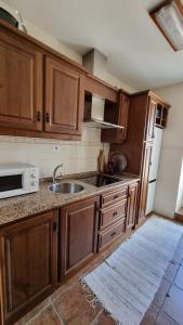 a kitchen with wooden cabinets and a sink at El Condado Casa Rural in Fuentes de Oñoro