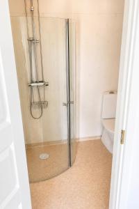 a shower stall in a bathroom with a toilet at Husby Wärdshus in Dala Husby +6 photos