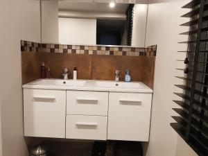 a bathroom with a white sink and a mirror at Verborgen Pareltje in Bray-Dunes +33 photos