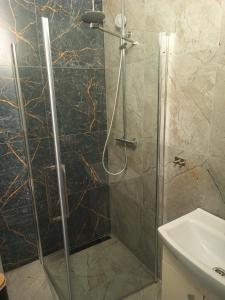 a shower with a glass door next to a sink at Śródziemie Erebor in Leśno