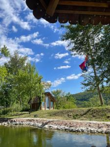 a kite flying in the sky over a river at Malajac Bigrenica in Bigrenica
