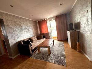 a living room with a couch and a table at Andra apartament in Petroşani