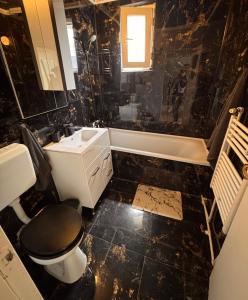 a bathroom with a toilet and a sink and a tub at Andra apartament in Petroşani