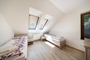 a attic bedroom with two beds and a window at Penzión Bergmannhof in Ladomer