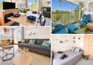 a collage of photos of a living room and a kitchen at La Parenthèse Loggia - Calme & proche Disney in Champigny-sur-Marne