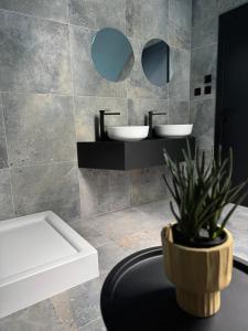 a bathroom with two sinks and a potted plant at Penzión ZAYDA in Výrava +23 photos