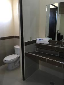 a bathroom with a toilet and a sink and a mirror at Hotel Panamericano in Jocotitlán