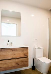 a bathroom with a white toilet and a mirror at A Calexa Sarria nº2 in Sarria