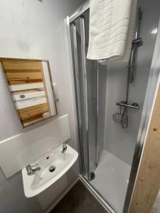 a white bathroom with a sink and a shower at Lake View Lodge Pod in Chichester